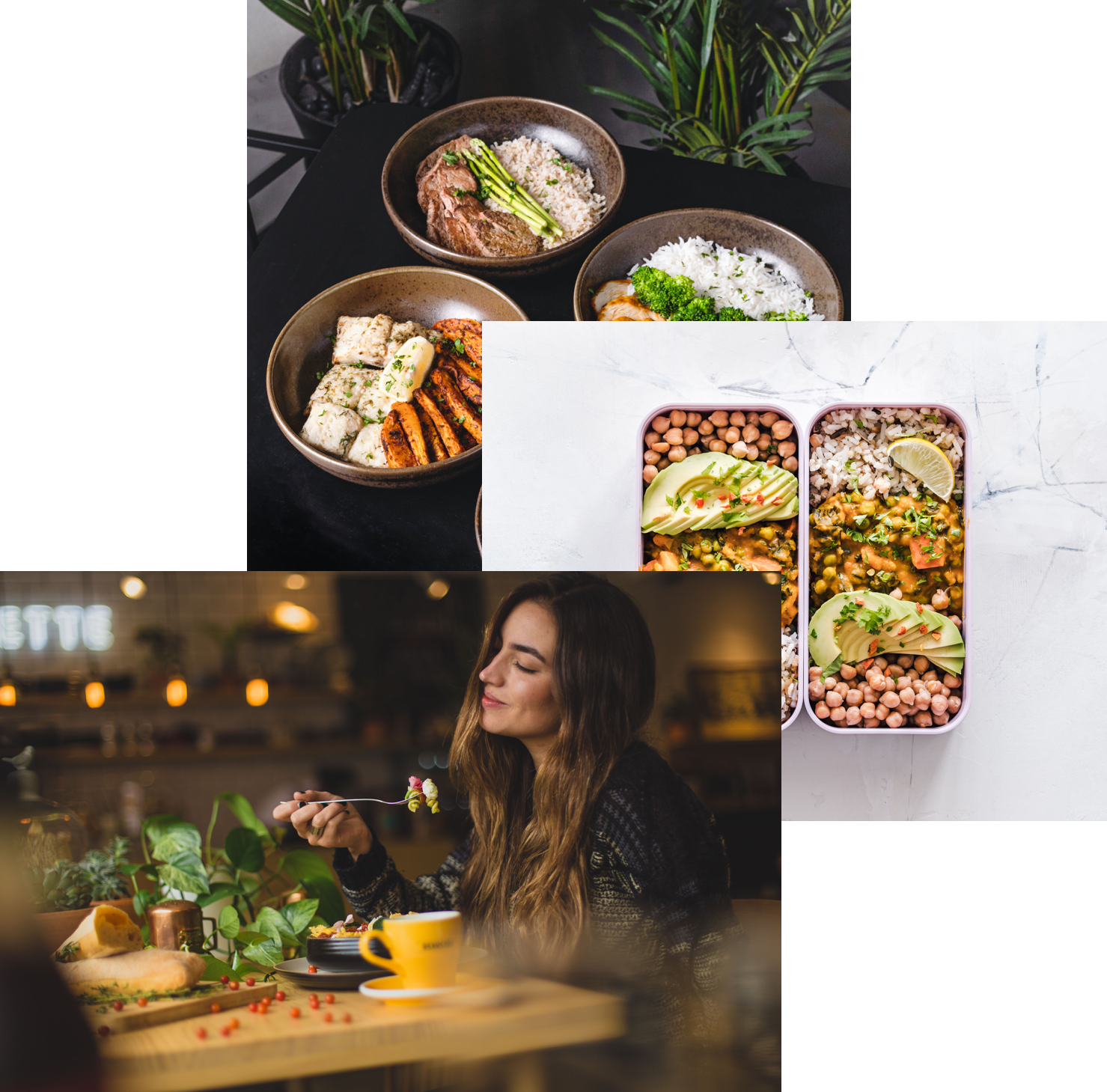 A women enjoying food and the bowls.
